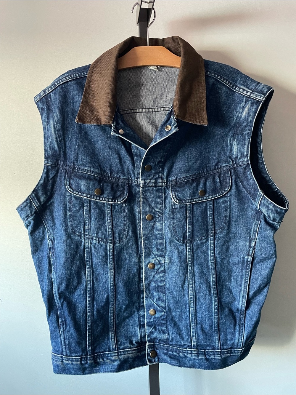 Vintage Mark’s Work Wearhouse Denim Vest Corduroy Collar Blue Brown Mens XL